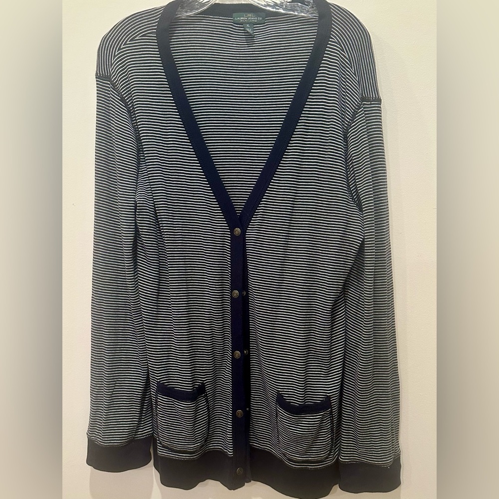 Lauren Ralph Lauren Striped  Button Cardigan Sweater with pockets 100% Cotton